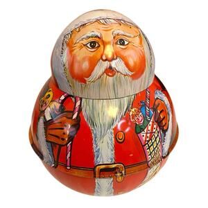 Vintage Roll Poly Santa Metal Tin Tobacco Candy Hong Kong St Nick Christmas Deco